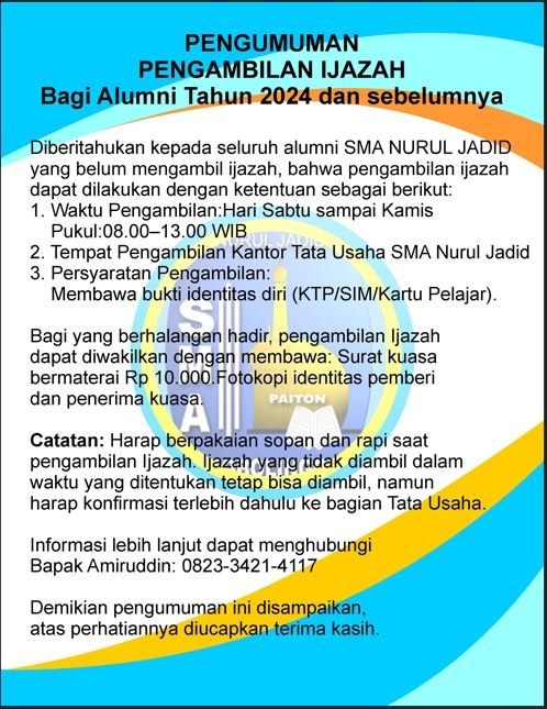 INFORMASI PENGAMBILAN IJAZAH BAGI ALUMNI TAHUN 2024 DAN TAHUN SEBELUMNYA